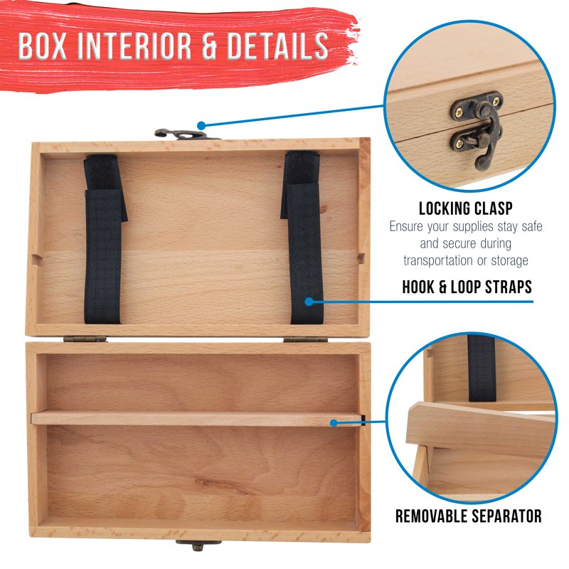 Art Supply Wooden Tool and Brush Storage Box with Locking Clasps - Portable Organizer for Pencils and Supplies