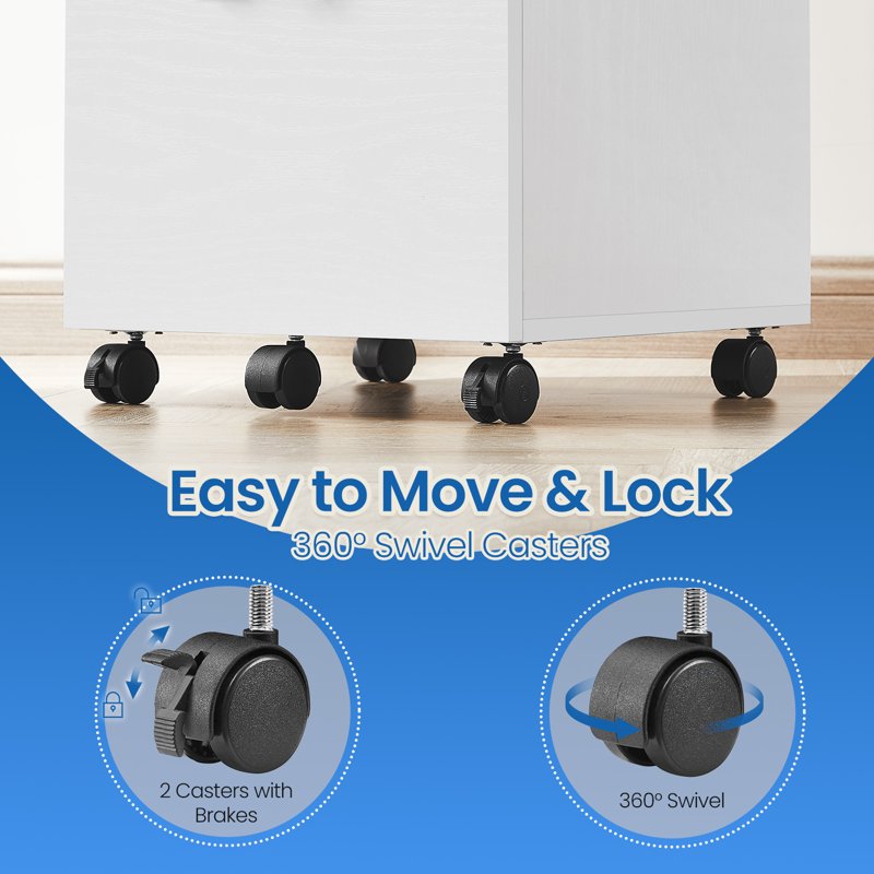 Mobile File Cabinet with 2 Drawers - Office Storage with Locking Casters, Supports A4 & Letter Files, White