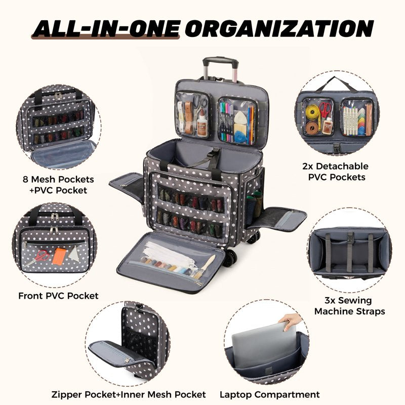 Rolling Sewing Machine Carrying Case Organizer with Removable Bottom Pad