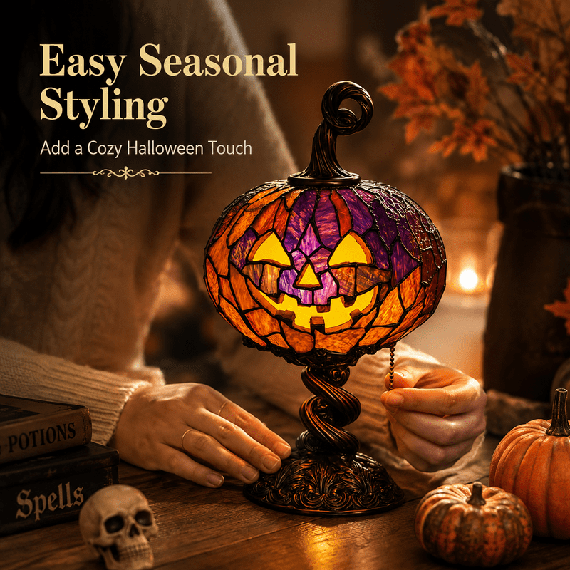 Halloween Stained Glass Pumpkin Table Lamp 9 Inch Jack O Lantern Desk Light