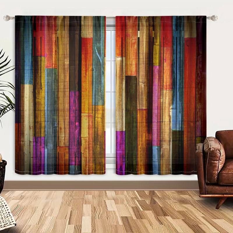 Colorful Wooden Pattern Polyester Curtains Set of 2 for Bedroom & Living Room