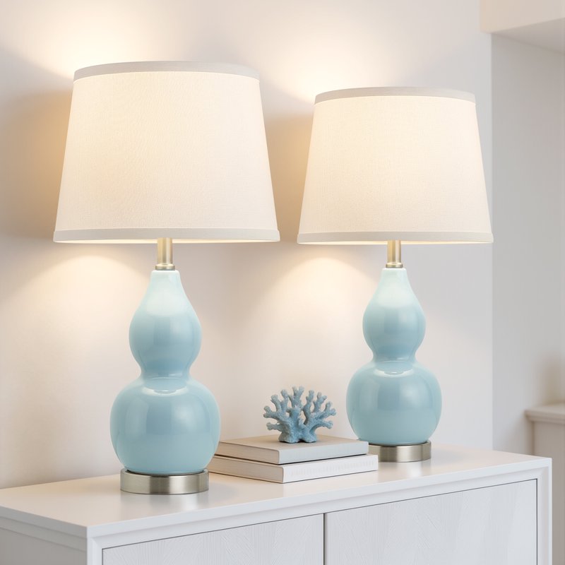Set of 2 Modern Ceramic Table Lamps for Living Room Bedroom Office Sky Blue