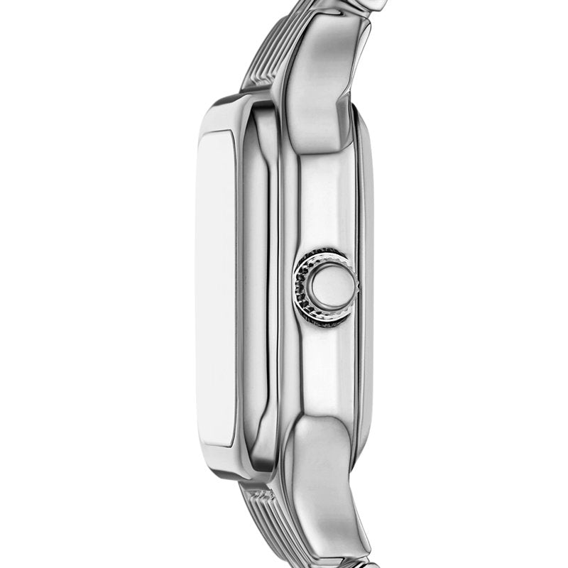 Women's Silver Tone Square Case Wristwatch with Blue Dial and 5-Link Bracelet