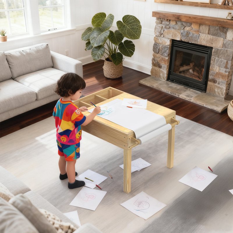 3-in-1 Kids Activity Table with LED Light, Building & Art Station, Storage