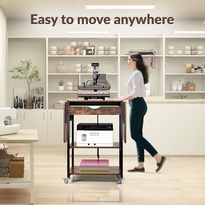 Foldable Heat Press Machine Stand with Charging Station and 3-Tier Storage