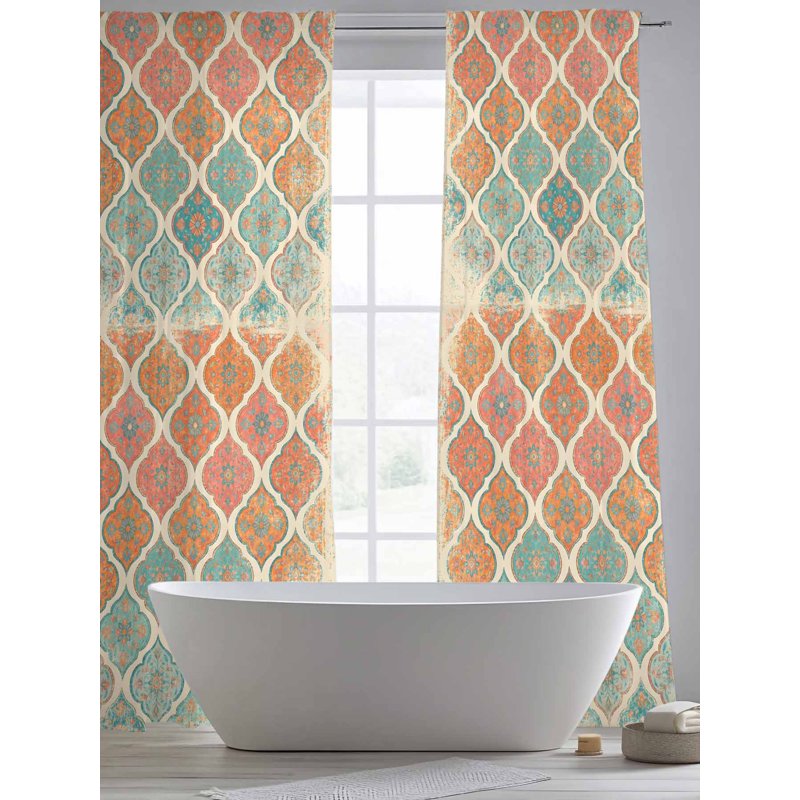 Boho Sheer Curtains 84 Inch Length Set - Geometric Voile Window Treatment