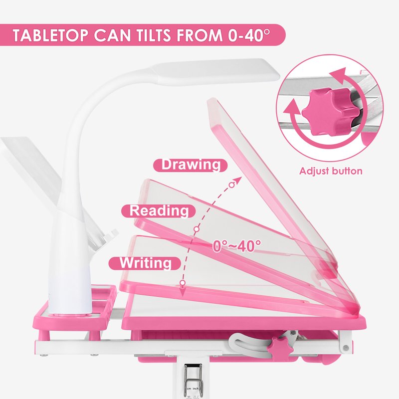 Kids Study Desk and Chair Set with Adjustable Height, Writing Board & LED Lamp