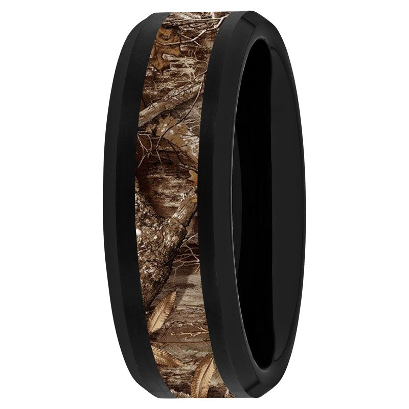 Men's Black Tungsten Camo Wedding Band 8MM Beveled Edge Comfort Fit