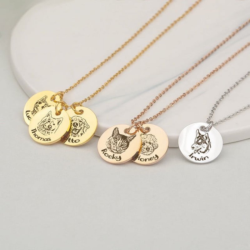 Personalized Pet Necklace with Engraved Discs - Stainless Steel Dog & Cat Portrait Jewelry