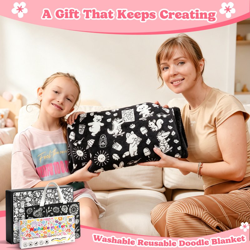 Washable Coloring Blanket with 20 Markers - 40x60 Inch DIY Arts & Crafts Gift