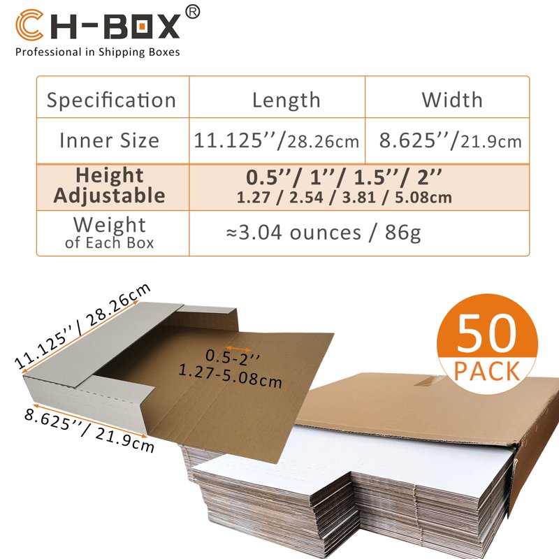 Adjustable Size Corrugated Mailer Boxes Pack of 50 – Easy-Fold Shipping Boxes White
