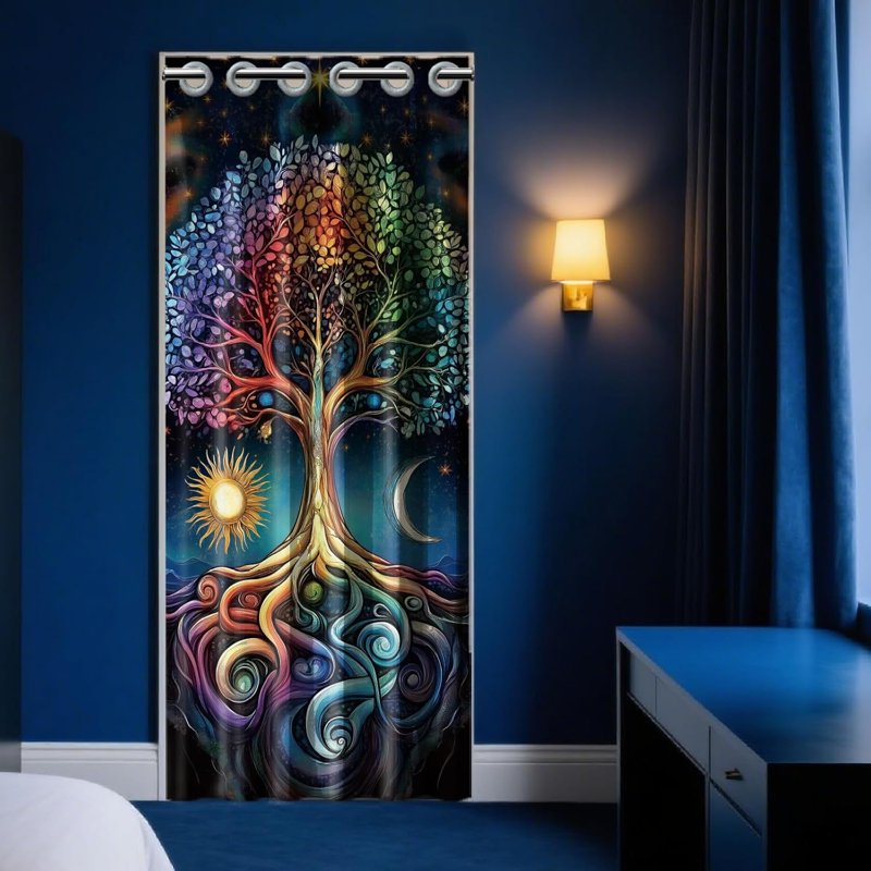 Tree of Life Door Curtain - Bohemia Style Room Divider with Sun & Moon Pattern