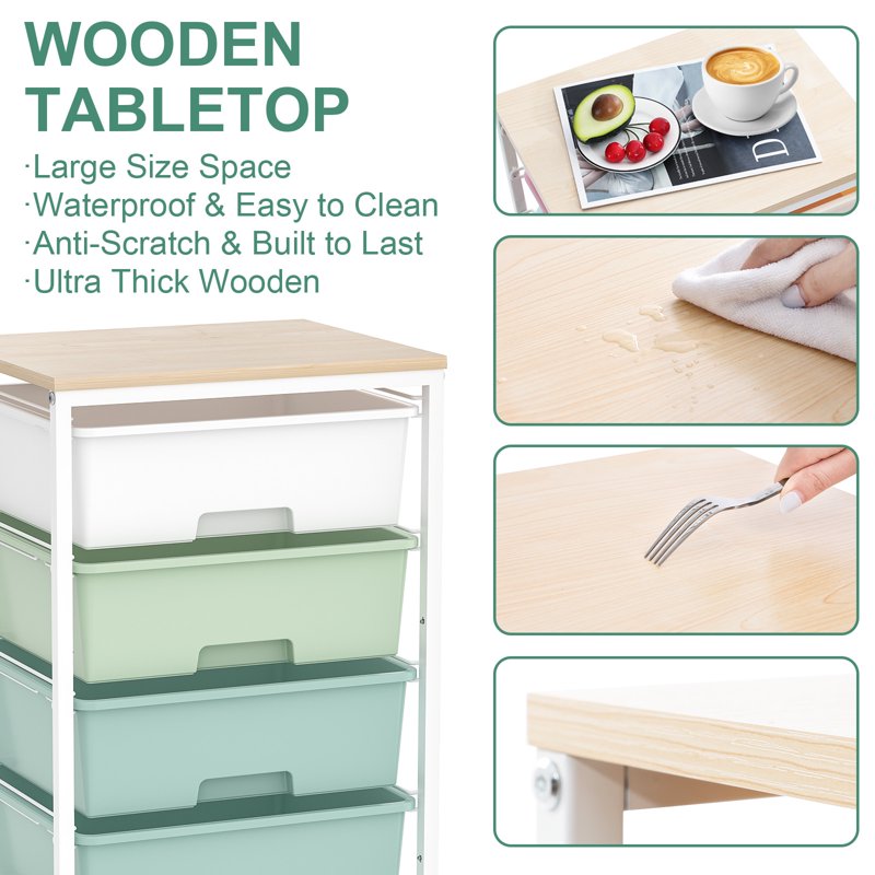 Rolling Storage Cart with 4 Drawers and Wooden Top - Multi-Purpose Organization