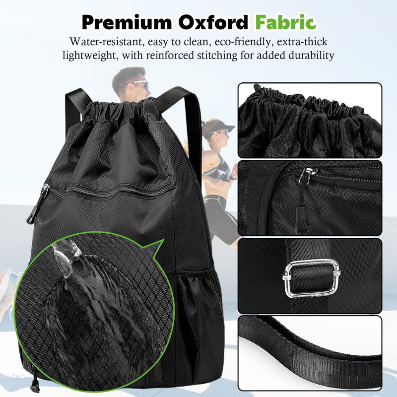 Water-Resistant Sports Drawstring Backpack with Shoes Compartment - Gym & Travel Bag