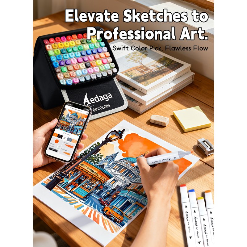 80-Color Alcohol Markers with App & Kickstand Case for Artists & Crafters