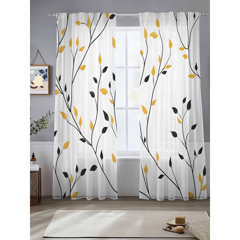 Yellow Sheer Curtains Set 52x84 Inches - Rustic Botanical Leaves Window Treatment