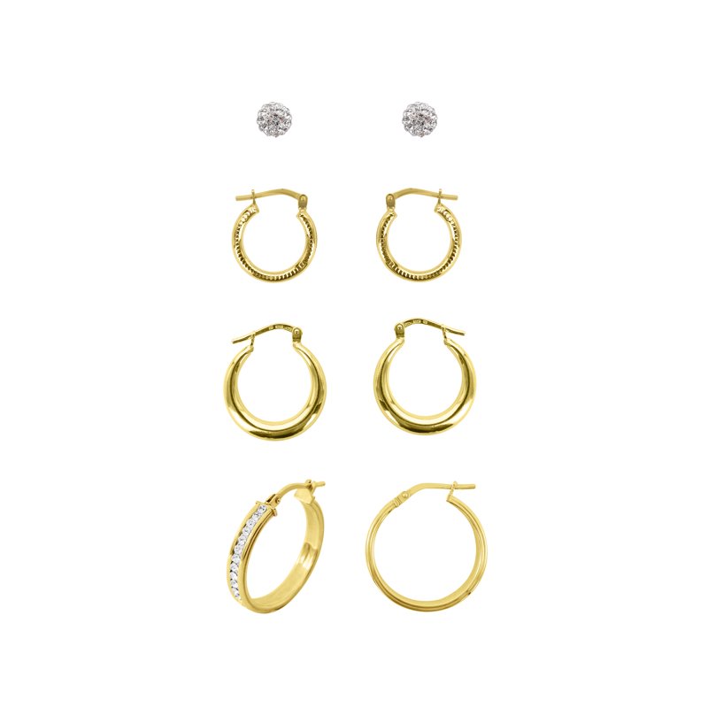 Sterling Silver Gold Plated Crystal Stud and Hoop Earring Set – 4 Pairs for Adults