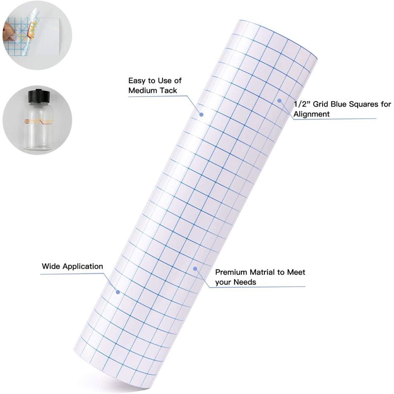 Transfer Tape for Vinyl with Blue Alignment Grid - 12" x 30 Ft | Self-Adhesive Sign & Sticker Transfer Paper