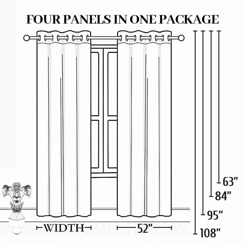 Blackout Thermal Insulated Curtain Set 4 Panels Grommet Top for Bedroom & Living Room