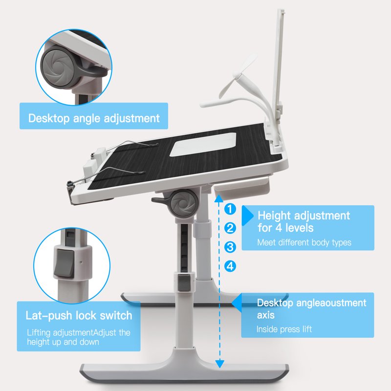 Adjustable Lap Desk with USB Fan & LED Light, Book Stand for Bed & Home Office