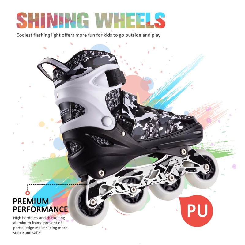 Kids & Youth Adjustable Light Up Inline Skates with Camo Design, Outdoor Roller Blades for Beginners