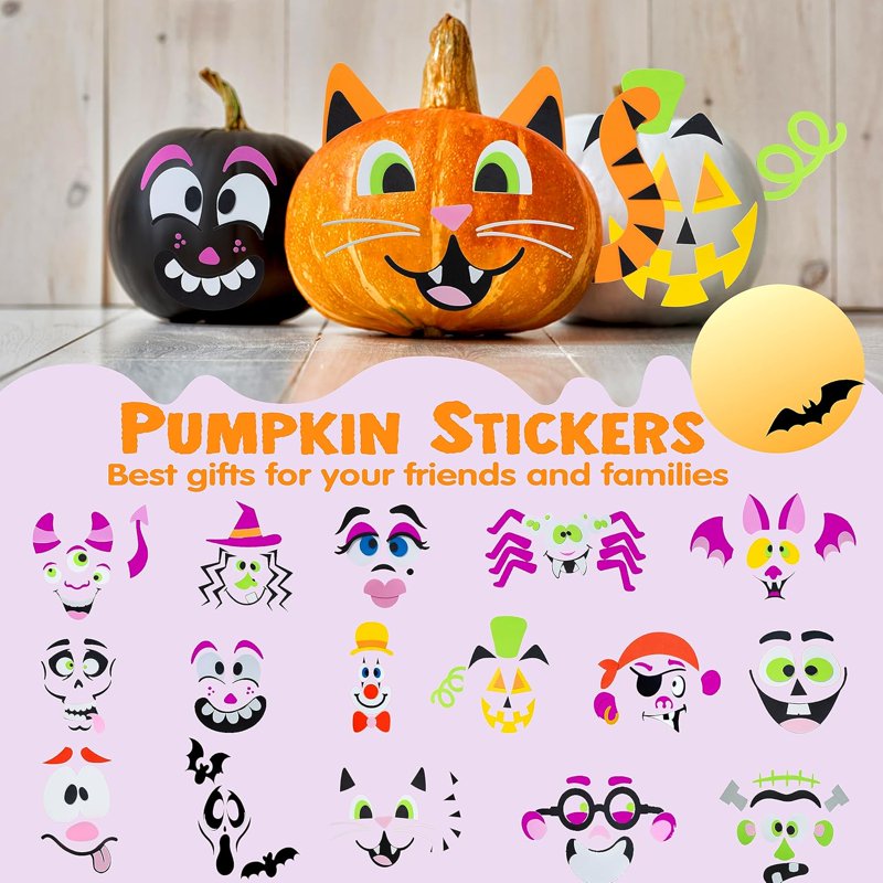 Joyfy 16 Pack Halloween Foam Pumpkin Decorating Kit - 16 Designs, Kids Party Favors