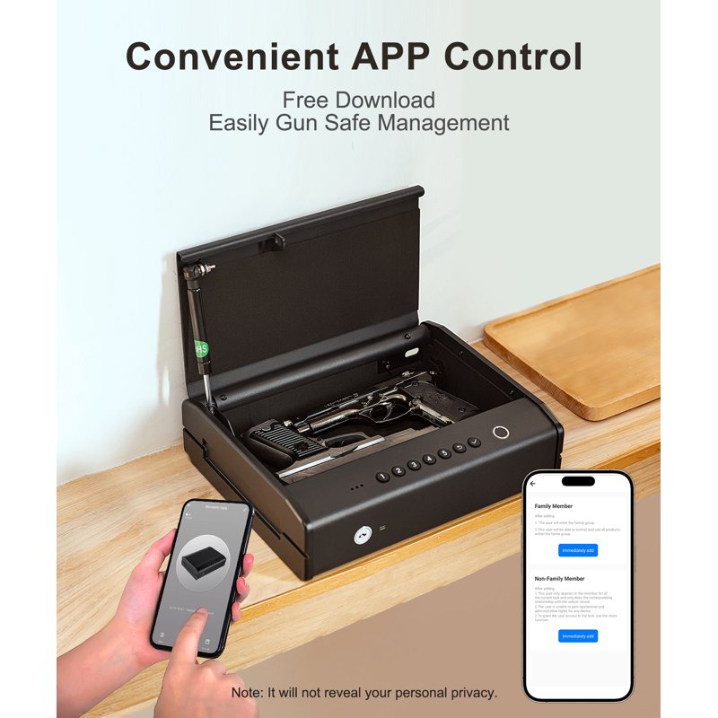 Biometric Gun Safe with Quick Access, Fingerprint, Passcode & App, Heavy Duty Pistol Lock Box