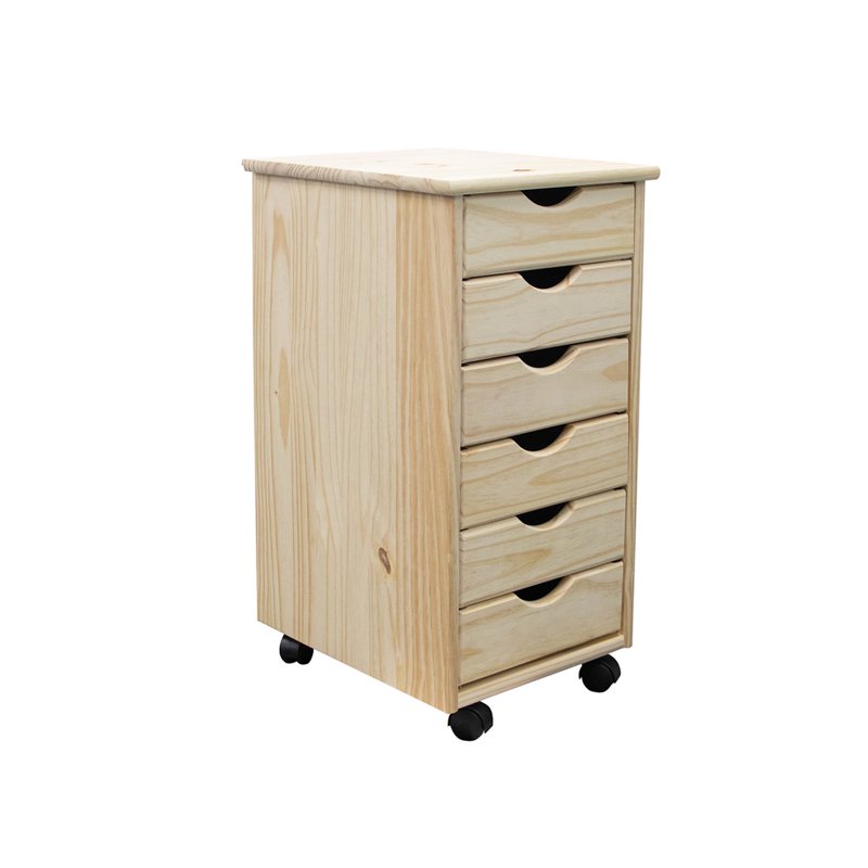Solid Wood Mobile Storage Cart with 6 Drawers - Unfinished Pine, Versatile Organizer