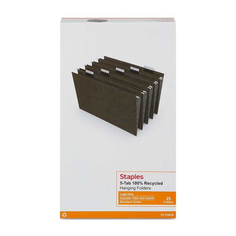 Legal Size Hanging File Folders 25 Pack Green 5-Tab Office Organization