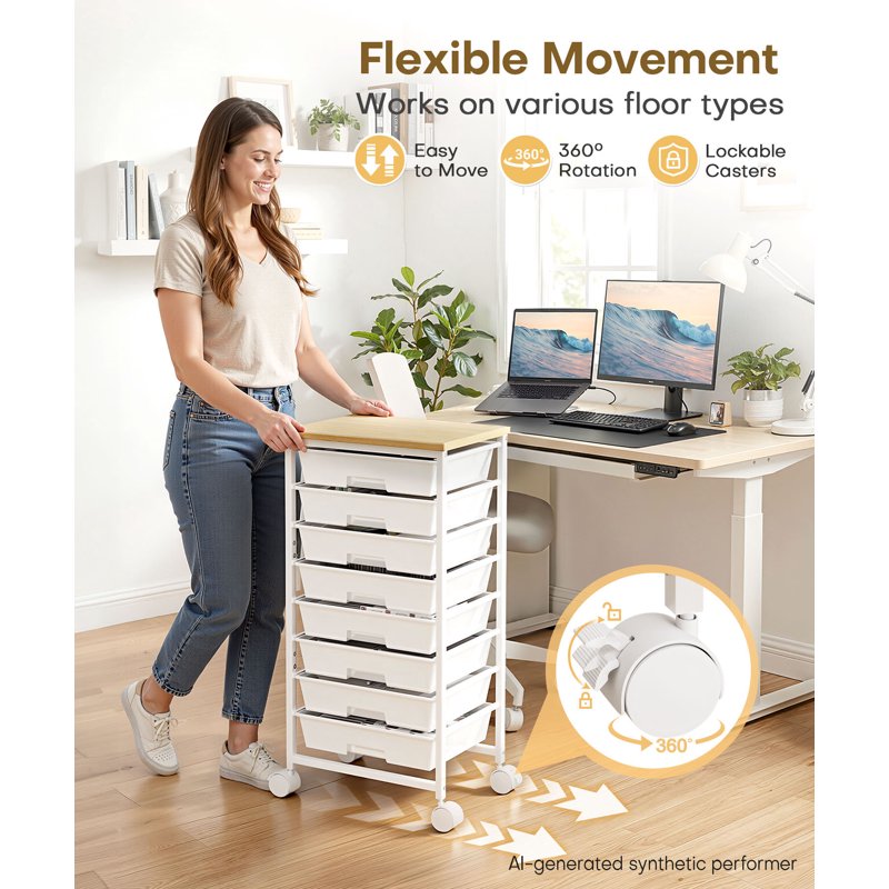 8-Drawer Rolling Utility Cart with Lockable Wheels and Spacious Storage