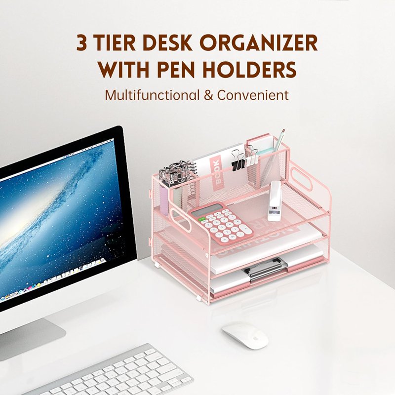 3 Tier Metal Mesh Desk Organizer with Pen Holders and Handles - Space Saving Paper Storage