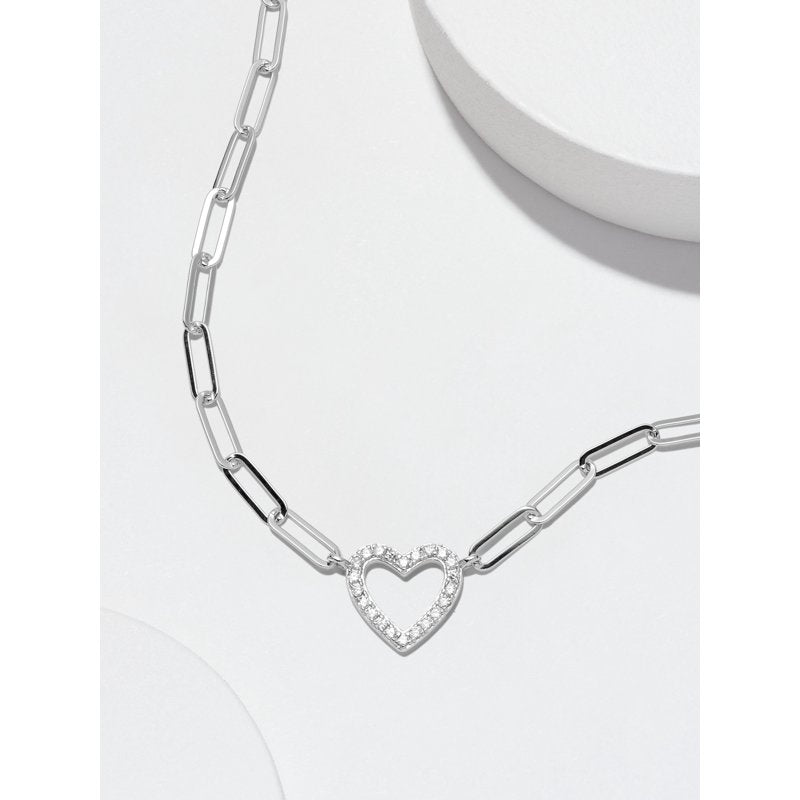Sterling Silver Cubic Zirconia Heart Paperclip Necklace 18 Inches, Gift-Ready