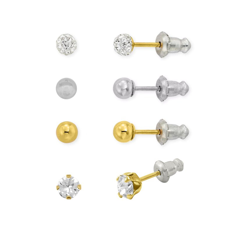Children's Gold Filled Crystal & Ball Stud Earrings Set - 4 Pairs