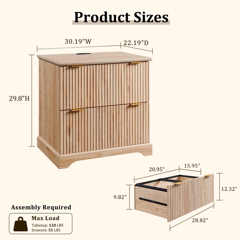 Lateral Filing Cabinet with Charging Station - Modern Fluted Wood Office Storage