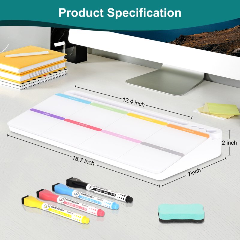 Glass Desktop Whiteboard with Storage - Weekly Calendar & Office Organizer
