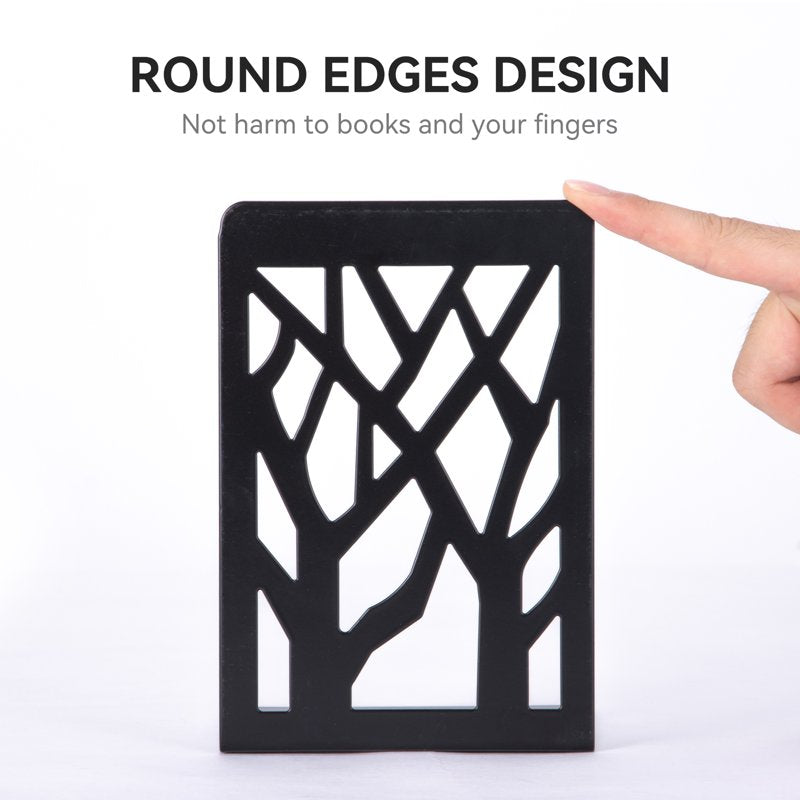 Heavy Duty Metal Book Ends - Tree Design Black Bookends for Shelves, 2 Pack