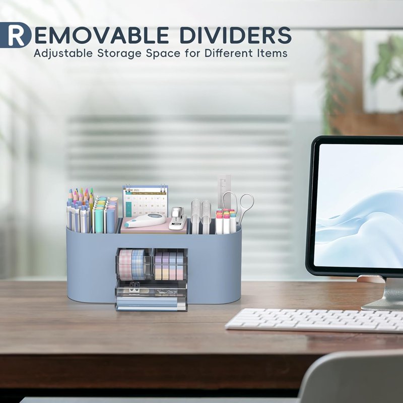 10-Compartment Desk Organizer with Drawers and Pen Holders, Office Storage