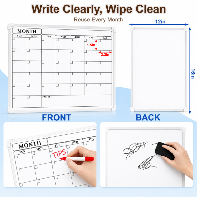 Magnetic Dry Erase Calendar Whiteboard 16x12 Inches with Markers & Magnets