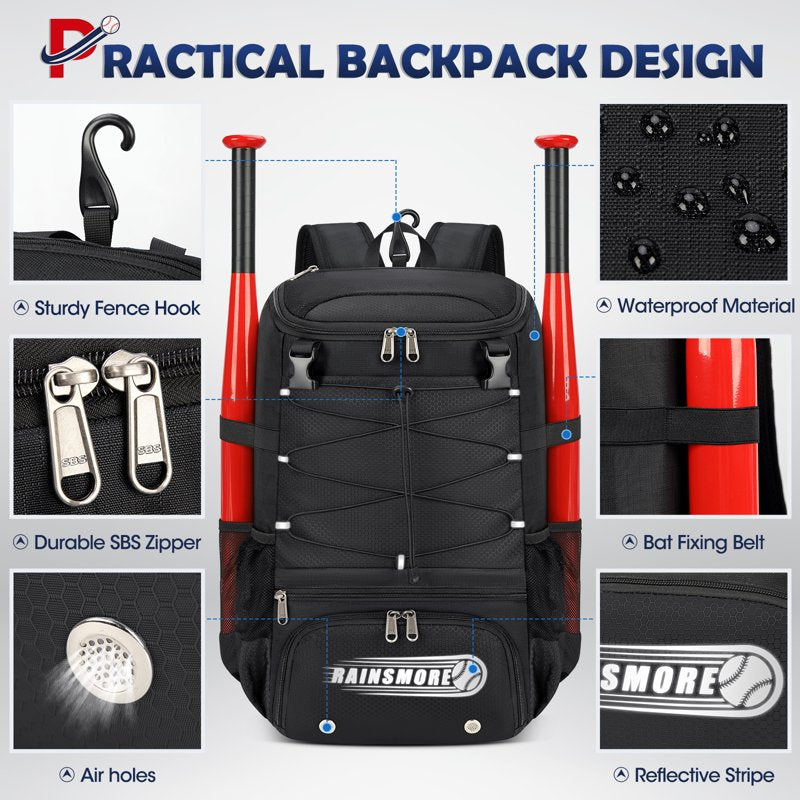 Waterproof Baseball Backpack with Shoe Compartment & Helmet Holder - Lightweight Sports Bag