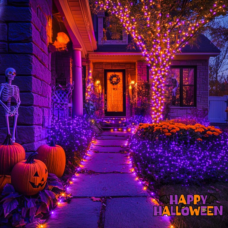 Outdoor Solar Halloween String Lights 400 LED 151ft Waterproof Orange & Purple