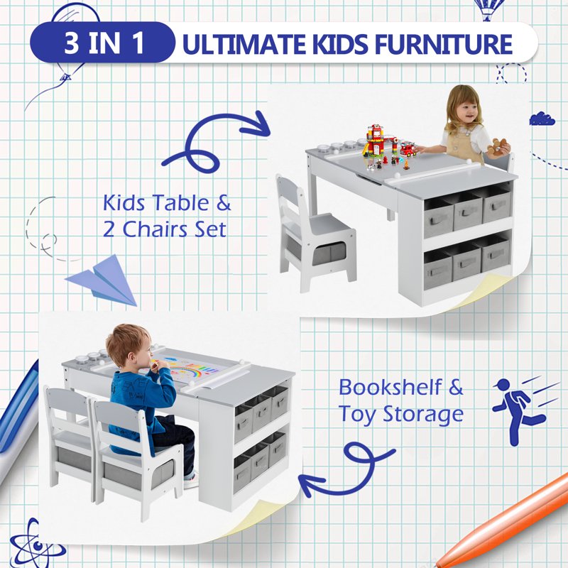 Kids Activity Table and Chair Set with Paper Roll & Storage - Toddler Art & Study Desk
