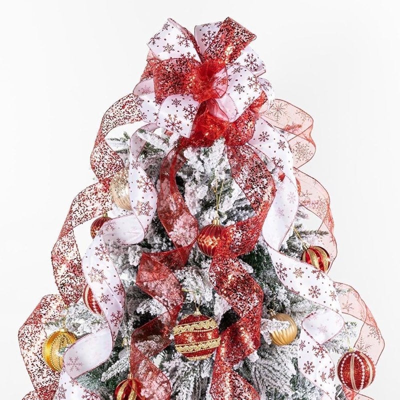 Christmas Tree Topper Bow with Glitter & Streamer Tails - Holiday Decor