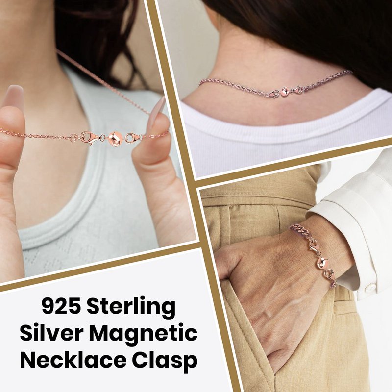 Magnetic Necklace Clasp in 925 Sterling Silver or 14K Rose Gold Plated Jewelry Lock - Women’s Easy-Use Locking Closure