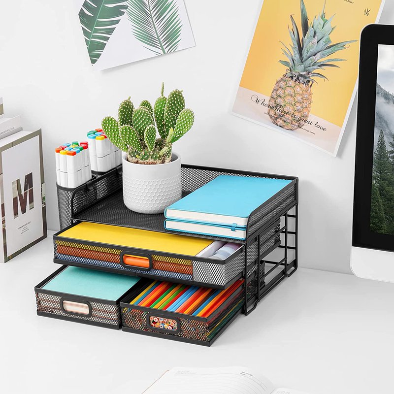 3-Tier Mesh Desk Organizer with Drawer for Office Supplies and Paperwork