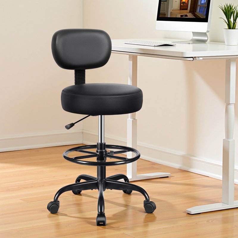 Adjustable Drafting Office Chair with Backrest - PU Leather, Thick Cushion, 300lb Capacity