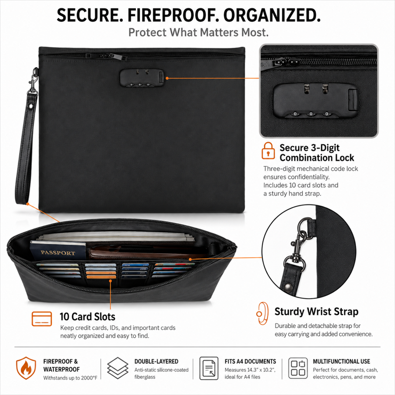 Fireproof Waterproof Document Bag with Lock, A4 Size, Travel & Office Storage