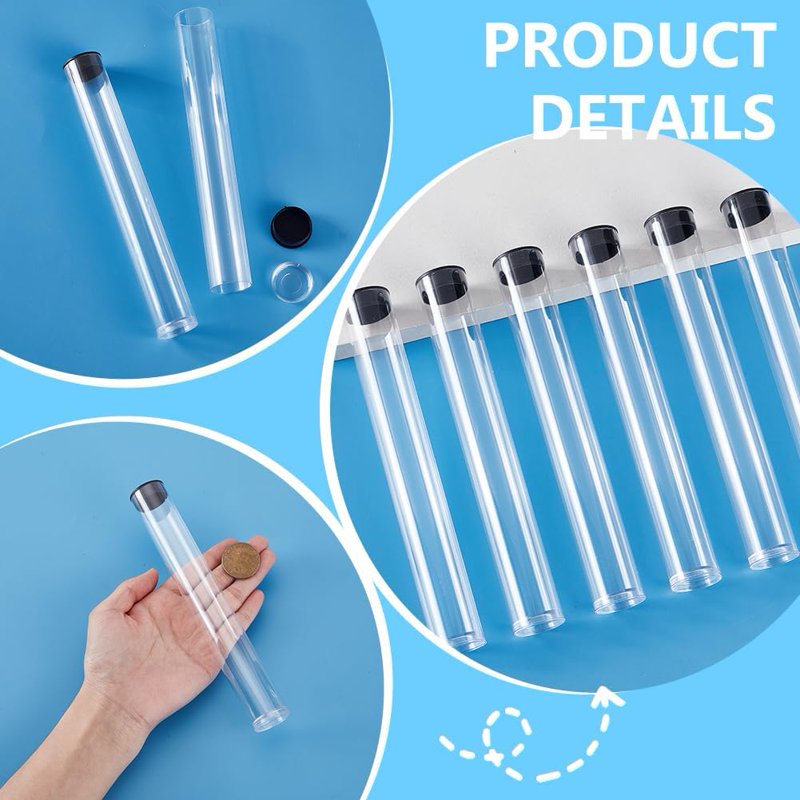 6pcs Clear Plastic Storage Tubes 7 Inch with Black Flat Bottom Lids - Bead & Craft Container