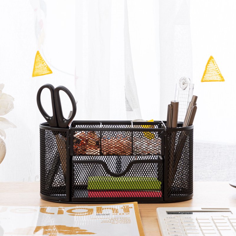 Mesh Desk Organizer with Drawer - 8 Compartments, Black Office Storage