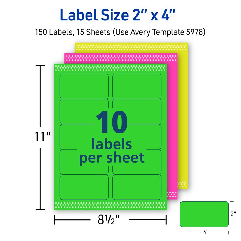 Neon Address Labels - 2x4 Inch Bright Printable Stickers, 150 Pack