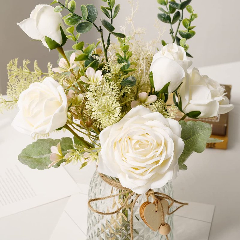 Artificial Flower Arrangement with Vase - White Silk Roses & Eucalyptus for Home & Wedding Decor